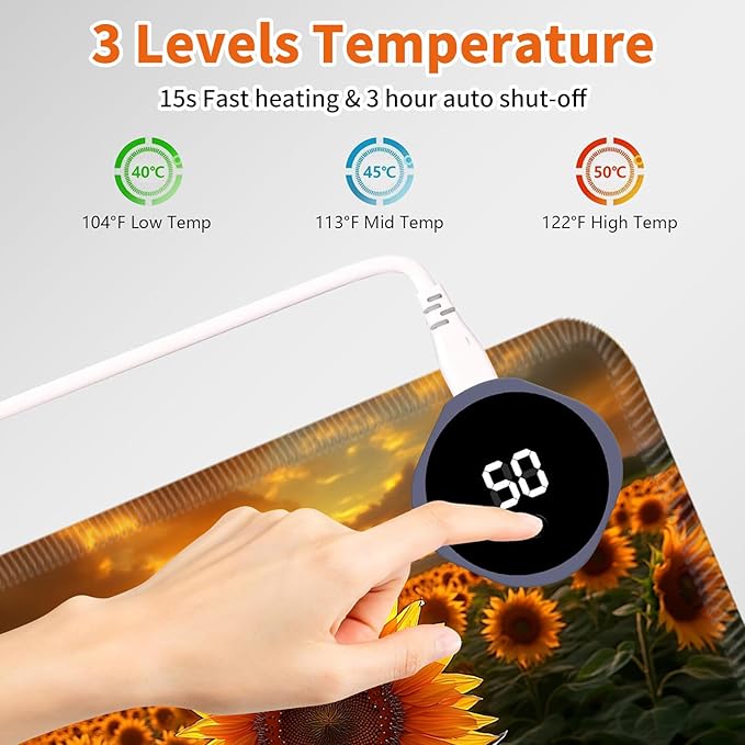 Heated Mouse Pad,Warm Desk Pad with 3 Levels Heating & 3 Hours Auto Shut-Off, PU Leather Heated Desk Pad Warmer Pad for Home Office - 23.6 x 14.2 inch,Sunflower Clusters