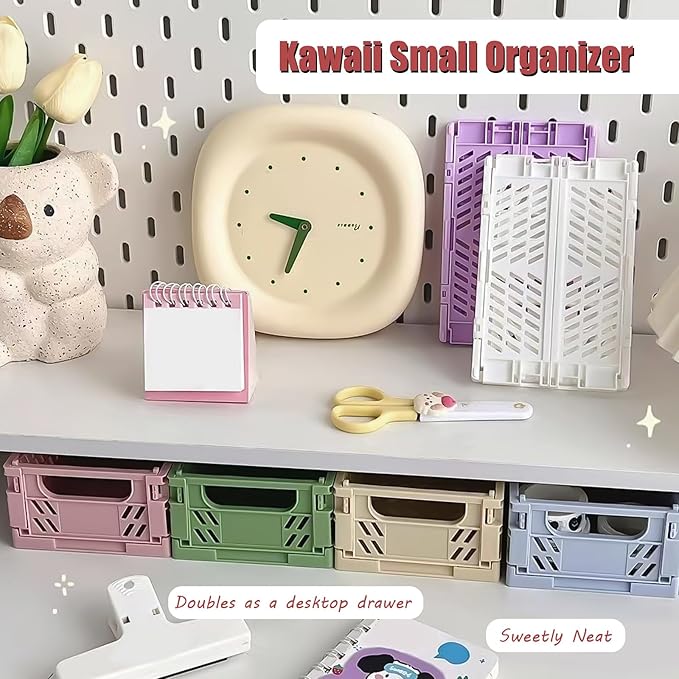 Tobeso-Nuoze Mini Pastel Plastic Storage Baskets 2 Pack, Collapsible Crates for Organizing, Space-Saving Bins for Kitchen, Office, Bedroom (Purple, Small: 5.8"x 3.8" x 2.2")