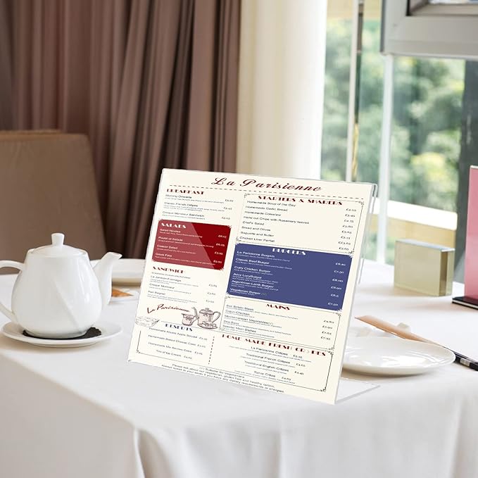 Acrylic Sign Holder 8.5 x 11 Horizontal 6 Pack Slant Back Acrylic Stands for Display Plexiglass Clear Acrylic Display Stands for Ad Frame, Picture Photo Frames, Promotions, Restaurants, Office