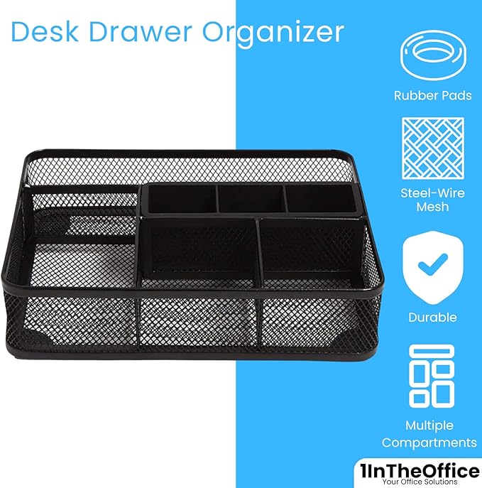 1InTheOffice Mesh Collection Desk Drawer Organizer Tray, 7 Compartment, Matte Black