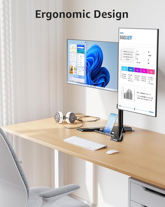 MOUNTUP Dual Monitor Stand - Freestanding & Height Adjustable Monitor Desk Mount, Steady VESA Mount Holds Max 17.6 lbs, Computer Monitor Stand for 2 Screens up to 27 inches, for Home Office