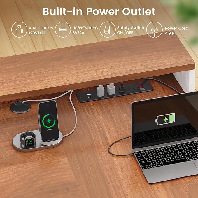 SEDETA Farmhouse L Shaped Desk with Drawers, 59" Office Desk with File Drawers, Wood Corner Computer Desk with Storage Cabinet, Home Office Desk with Monitor Stand & Power Outlets, Brown and White