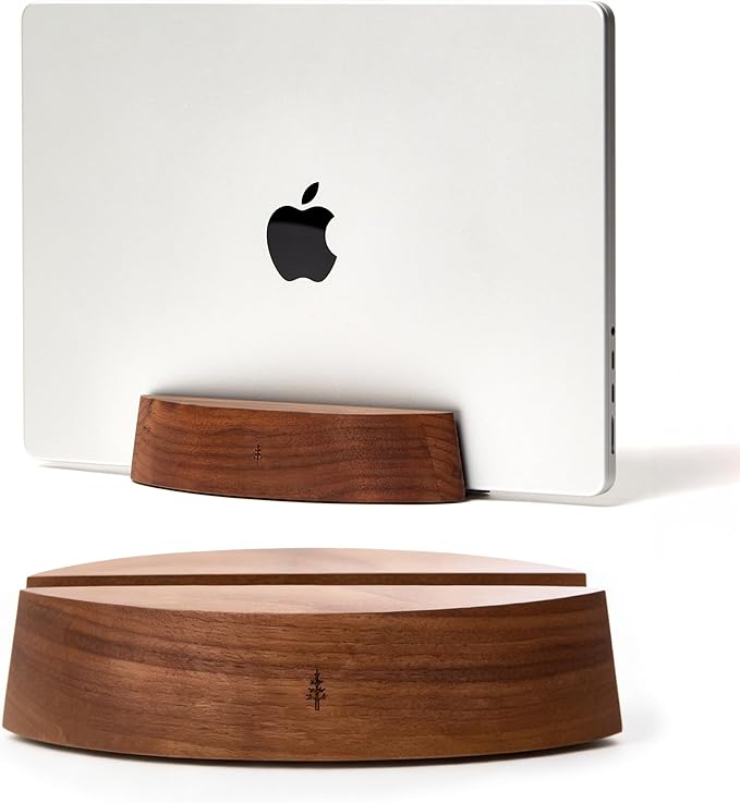 Nordik Adjustable Vertical Laptop Stand - Walnut - Premium Laptop Holder for Home Office, Software Engineers - Space Saving Desk Laptop Dock - Stable Non-Slip Wood Stand - MacBook Pro