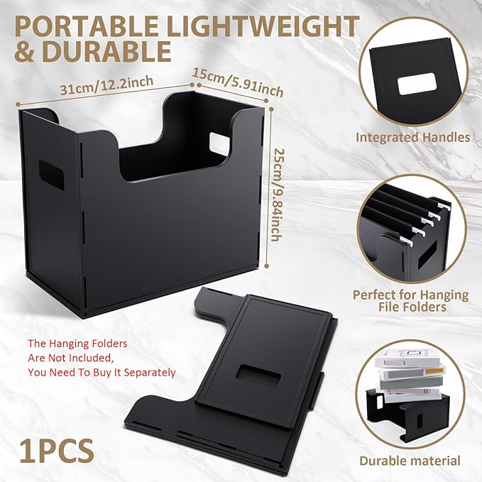 1 Pcs Portable Desktop File, Side Handles, Filing Organizer, Hanging File Folders, Letter Size for Schools Office Home (Black)