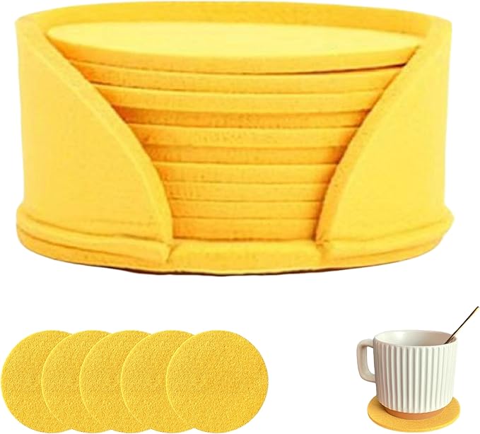 10 Pcs Felt Coasters with Holder, Coasters for Drinks Absorbent, Cup Mat Desk Coaster for Drinks Bar Home Coffee Table Decor Heat Resistant Tabletop Protection, 4Inch (Yellow)