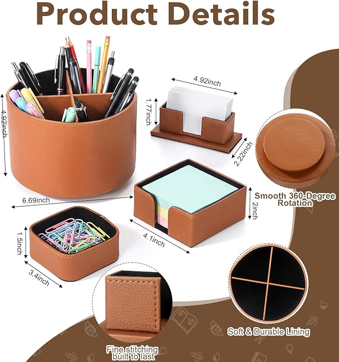 4 Pcs Rotating Leather Pen Holder Organizer Office Desk Accessories Set with Business Card Sticky Note Holder Paperclip Storage Desktop Storage Supply for Teacher Back to School Gift(Brown)