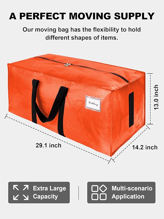 80 Pack Large Strong Moving Bags with Zippers & Carrying Handles - Water-Resistant - Heavy Duty Storage Tote for Space Saving, Fold Flat, Alternative to Moving Box (Orange)