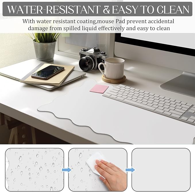 Hahafelt Scalloped Desk Mat Large Desk Pad Cute Coquette Table Mat Aesthetic Preppy Table Make up Pad Nonslip 2026 Graduation Gift with Stitching Waterproof Gaming(White,31.5 x 15.8 Inches)
