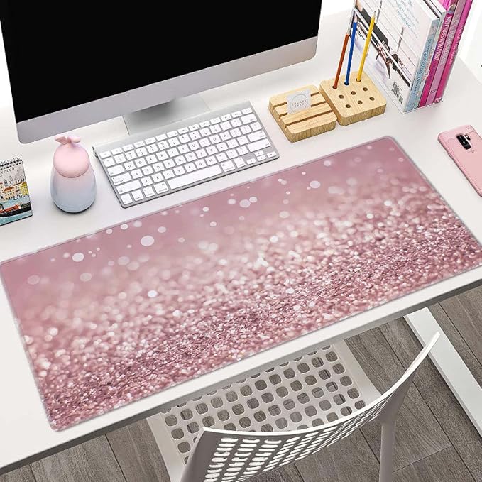 Gaming Mouse Pad Large, Keyboard Mouse Mat Desk Pad, Non-Slip Rubber Base with Stitched Edges Mousepad, 31.5X11.8 inch Pink Glitter Abstract Design