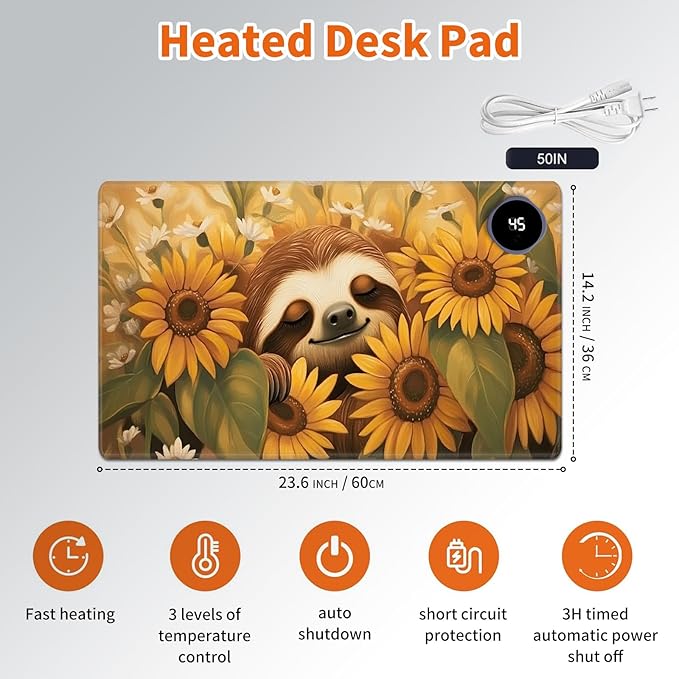 Heated Mouse Pad,Warm Desk Pad with 3 Levels Heating & 3 Hours Auto Shut-Off, PU Leather Heated Desk Pad Warmer Pad for Home Office - 23.6 x 14.2 inch,Lovely Sloth