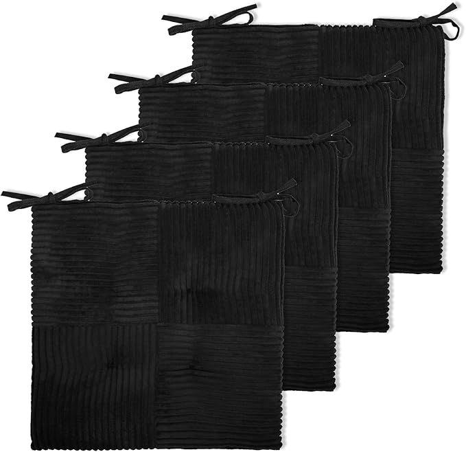 Office Stacking Chair Cushions 4 Pack, Corduroy High Density Foam Kitchen Seat Cushions with Ties, Square 17" x 17" Indoor Non-Slip Dining Chair Pads, Black, 4pcs