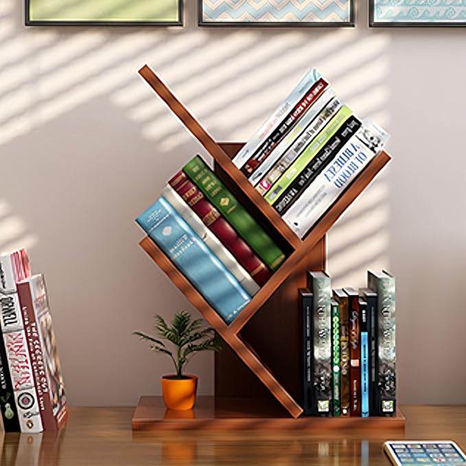 Godferyxin Tree Bookshelf,Small Bookshelf,3 Tier Wood Mini Book Shelf and Book Tree for Office, Home or School Desktop Book Shelf for for Displaying Books, CDs, Magazines Wood Storage Rack
