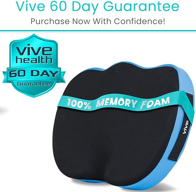 Vive Tailbone Pain Relief Cushion - Memory Foam Seat Pillow for Wheelchairs - for Sciatica, Coccyx, Back Pain, Pressure Relief - Comfort for Long Sitting - Elderly Chair Cushion for Support