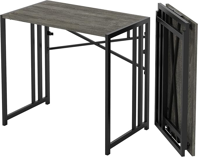Lutown-Teen 35 inch Narrow Folding Desk, Writing Gaming Computer Camping Desk for Small Spaces, No Assembly Required Home Office Table, Black Oak