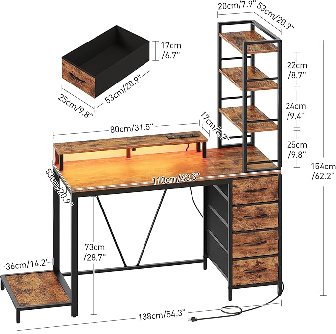 RALGEND Computer Desk with Shelves and Drawers, 43.3 Inch Gaming Desk with Charging Station and LED Lights, Desk Workstation with Monitor Stand and Storage for Home Office, Rustic Brown
