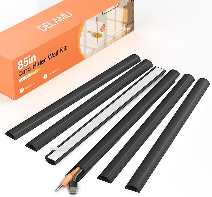 Delamu 85in Adhesive Cord Hider Wall, Mounted TV Cord Cover Kit, Multiple Cable Raceways for Wall Corner, Wire Cover Hiders for 1-2 Cables, 1.18" W X 0.43" H, Black