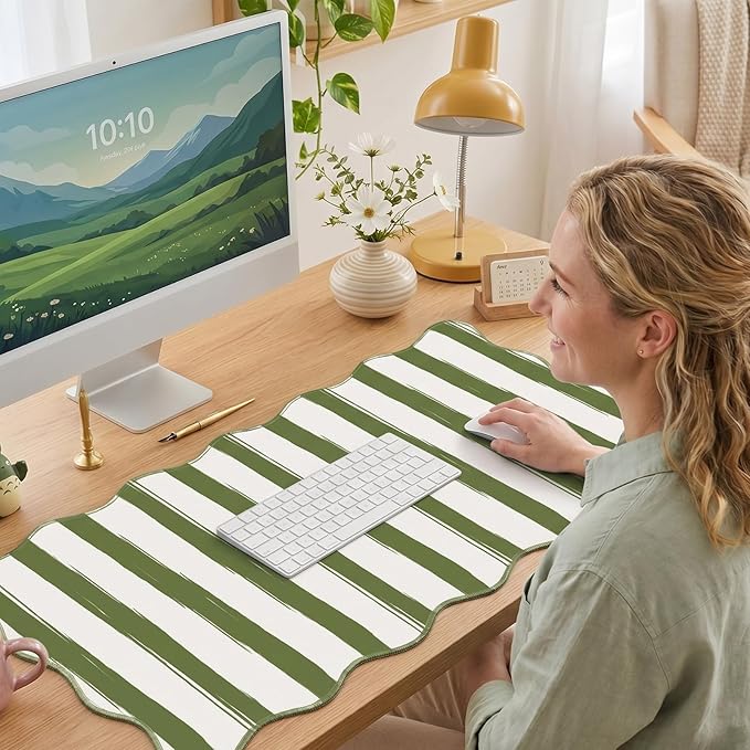 Copkim 1 Pcs Green Scalloped Striped Desk Mat 31.5 x 11.8 Inch Large Cute Mouse Pad Computer Mat Non Slip Waterproof Rubber Base with Border Stitching Soft Keyboard Pad for Home Office Gaming Makeup