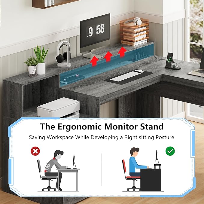YOMILUVE 63" Farmhouse L Shaped Executive Desk with Drawers & Storage Shelf, Corner Computer Desk with Power Outlets, L Shaped Office Desk with Monitor Stand, Printer Shelf, Dark Gray