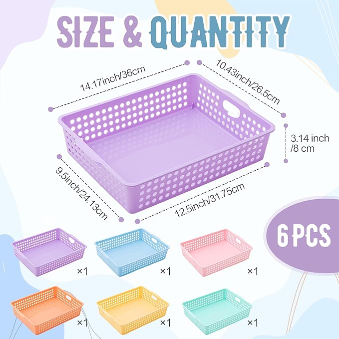 Geetery 12 Pack Classroom Storage Baskets with Handle 14''x10'' Paper Tray Holds A4 Turn in Trays Plastic Paper Baskets Desk Organizer Bin for Classroom, Library, Office, Home (Pastel Color)