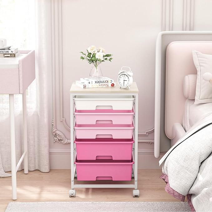 SYKIARIOL Utility Cart with 5 Drawers,Storage Drawer Cart with Wooden Tabletop and Lockable Wheels,Craft Storage Trolley Cart,5-Tier Rolling Utility Cart on Wheels,Rose Pink