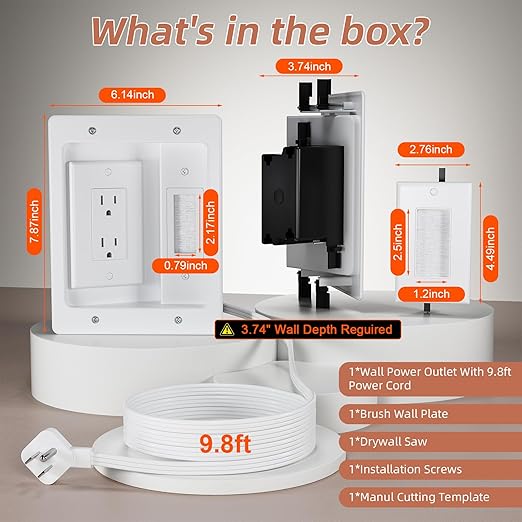 in Wall Cable Management Kit with Brush Wall Plate TV Wire Hider for Wall 2AC Recessed Outlet Box 9.8ft Cord for TV Gaming Consoles Soundbars Home Theater Setups (AC kit)