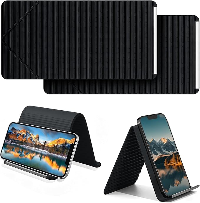 Foldable Silicone Aluminum Holder, Flexible Silicone Phone Stand with Anti-Slip Pad, Portable Rollable Multi-Angle Stand for Phone Tablet Laptop – Bendable & Foldable Home, Office, Travel (2, Black)