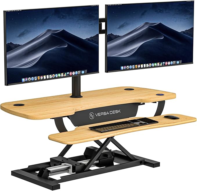 VERSADESK PowerPro Electric Standing Desk Converter - Height Adjustable Desk Riser with Keyboard Tray & USB Hub - Holds 80 lbs - Ergonomic Sit Stand Workstation for Home & Office | Maple (40” x 24”)