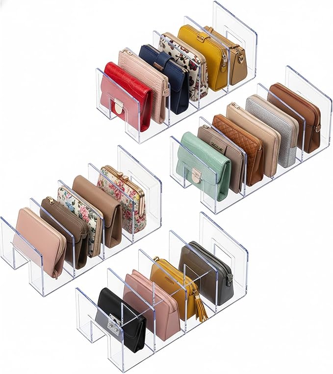YAGELI Clear Acrylic Purse Organizer for Closet, 3-4 Section Desk File Sorter, 2.95" Wide Slots for Clutches, Handbags, Binders & Folders, Sturdy Stackable Bookshelf Organizer, 4-Pack (4 Sections)