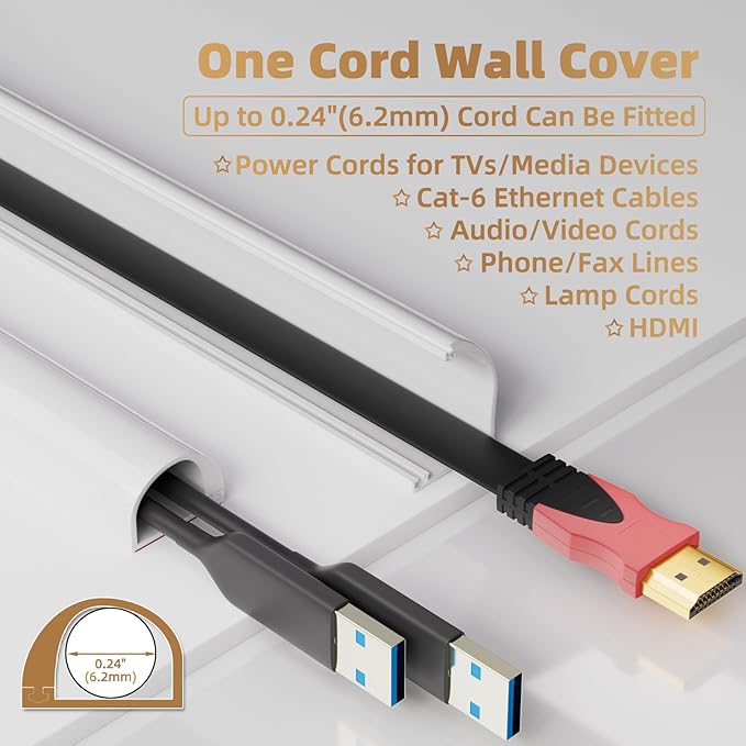 78" Side Open One Cord Hider (<1/4") for Wall Mounted Tv,Silicone Flexible Cable Cover to Hide Conceal Cords Along Wall,Wire Raceway Management Cable Concealer Channel,Electric Cord Organizer,White