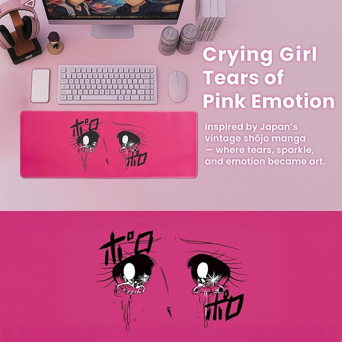 BELLEMOND Japanese Art Desk Mat | Large 31.5x11.8in Anime Mouse Pad for Keyboard & Mouse | Non-Slip Base, Water-Repellent | Original Japanese Design | Crying Girl - Tears of Pink Emotion