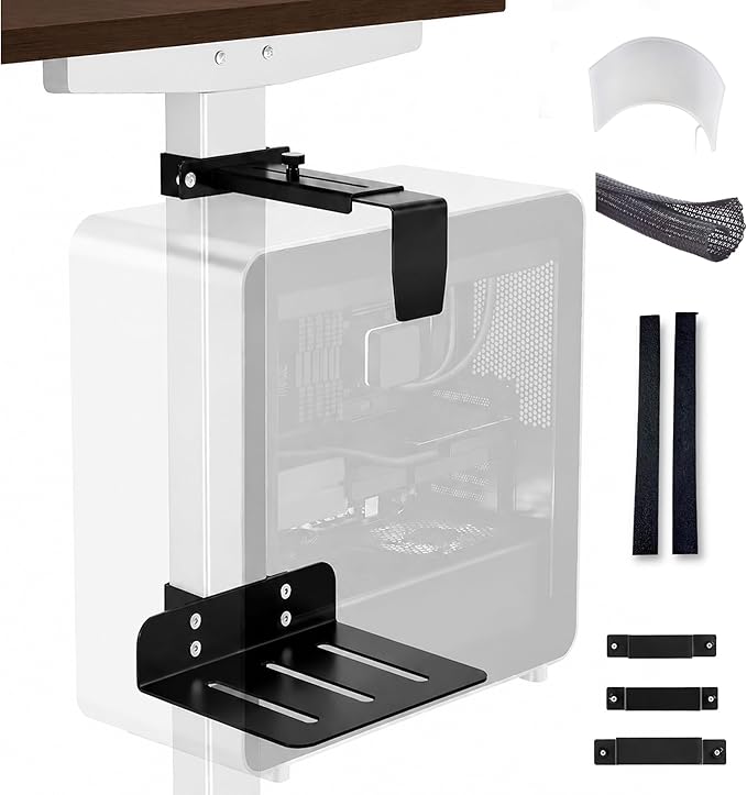 DEHAGLOBAL Clamp Mount Under Desk Pc Mount, Adjustable Height and Width No Drilling 50 lb Capacity with Non-Slip Pads & Cable Organizer for Standing Desk (Black, 65mmx45mm)