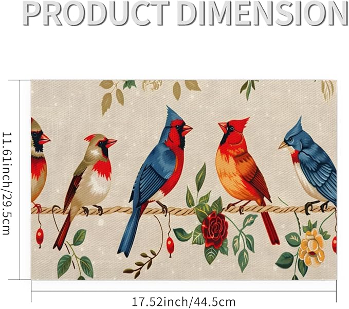 Placemats Set of 4 Heat-Resistant Rectangle Place Mats Retro Bird Cardinals Washable Plastic PVC Dining Table Mat Non-Slip Wipeable Woven Vinyl Placemat for Kitchen Patio Table Decor