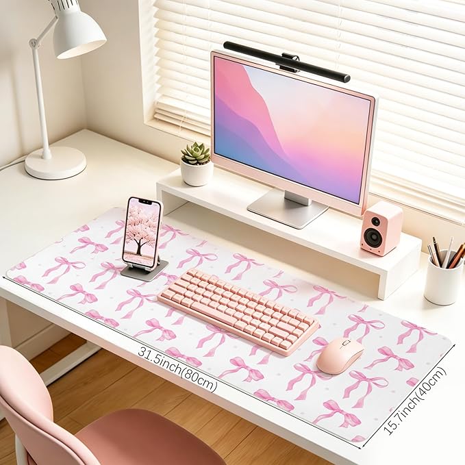 Desk Mat, Pink Bow Mouse Pad Large for Computer Laptop, PU Leather Non-Slip Waterproof Writing Pad Desk Blotter, Cute Girly Desktop Protector Pink Office Desk Accessaries for Women 31.5 x 15.7 Inch