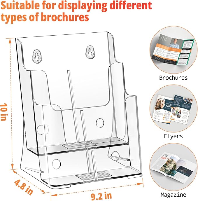 FUCDTEFC 2 Pack Acrylic Brochure Holder 8.5x11 & 4 x9 Inches, Clear 2 Tier Literature Magazine Stand Brochure Display Stand w Removable Divider Universal, Flyer Holder for Wall Mount or Countertop