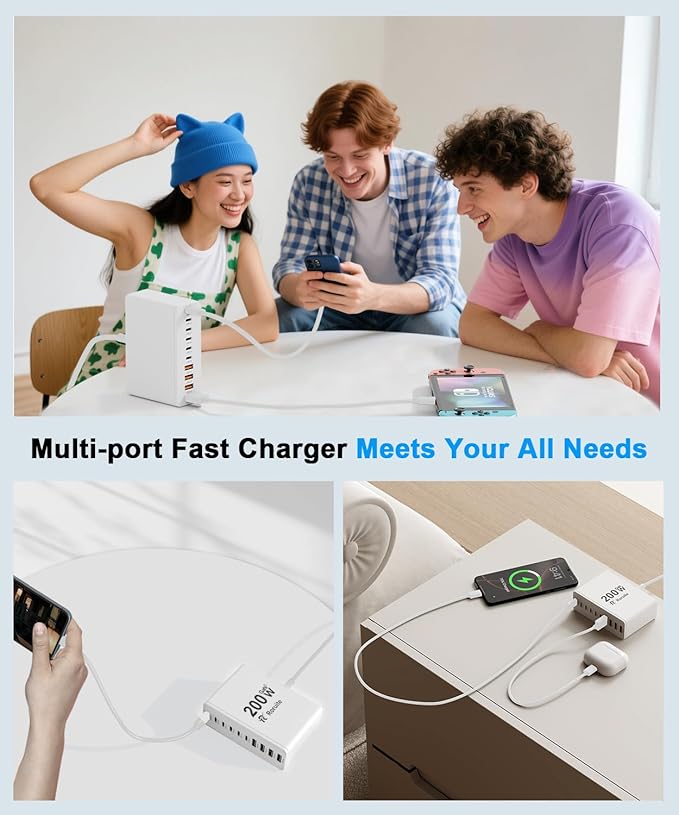 USB C Charging Station 10 Port with 4 Cables,200W GaN Type C Charger Block,Wall Charger Power Strip Adapter Plug for iPad iPhone17 16 15 14 13 12 Pro Max Pixel Note Galaxy