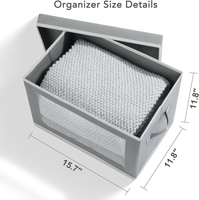 Homsorout Large Storage Bins with Lids - Stackable Cube Bins for Closet, 4 Pack Clear Windows Fabric Organizer Bins, Home Organizers and Storage for Clothes, CD, Towels, Grey