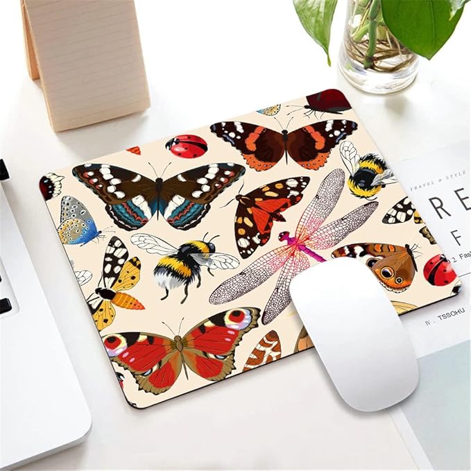 Rectangle Pink Vintage Insects Mouse pad, Bugs Pattern Mousepad, Butterflies Dragonflies Ladybugs Bees Non-Slip Rubber Base Mousepads, Computer Mouse Pads for Wireless Mouse 9.5×7.9×0.12 inches
