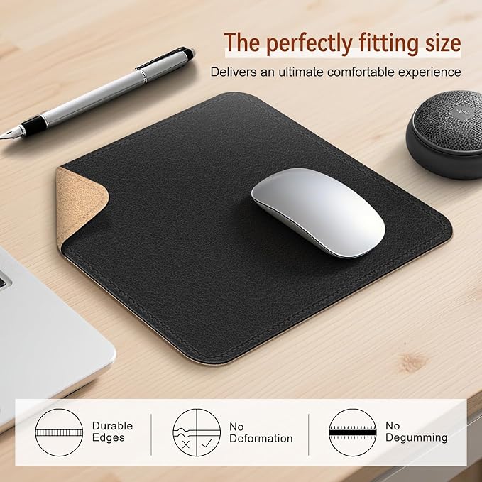 Leather Mouse Pad with Stitched Edge, Waterproof Gaming Mouse Mat for Computers, Laptop, Office & Home (Black, 11"*8")