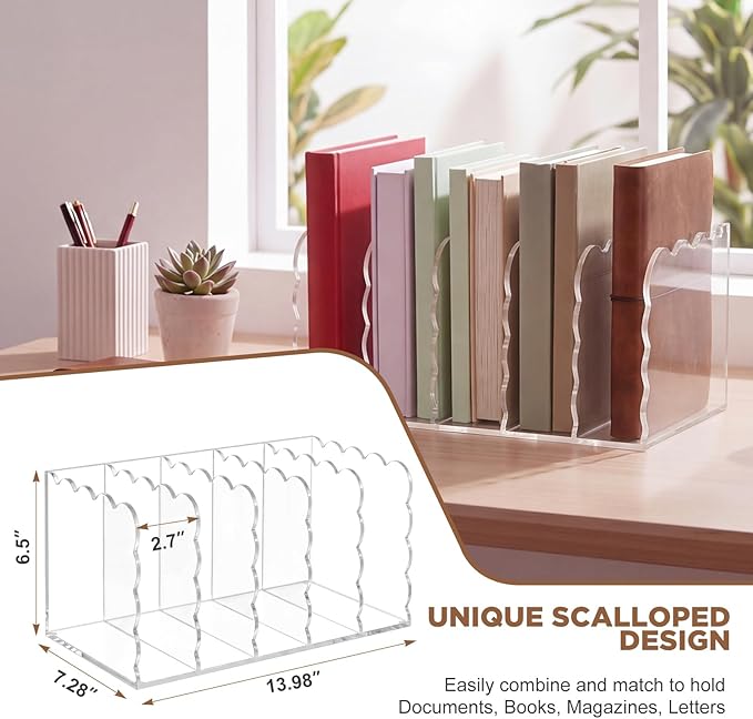 Suzile Scalloped Acrylic Magazine File Holder, 5-Compartment Clear Desk Organizer Vertical Bookends Organization for Office, Binders, Documents, Tablets, Magazines, Books(13.98 x 7.28 x 6.5 Inches)