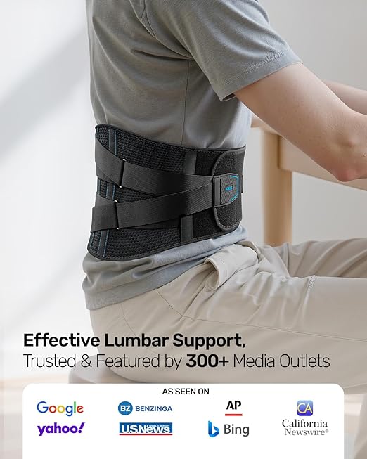 Rakiie Back Brace for Lower Back Pain, 7 Stays Ergonomic Support Brace with Comfortable 3D Pad, Easy to Put On/Off Lumbar Support Belt for Women Men, Pain Relief from Sciatica, Herniated Disc, Size M (Waist: 33.5"-39.4")