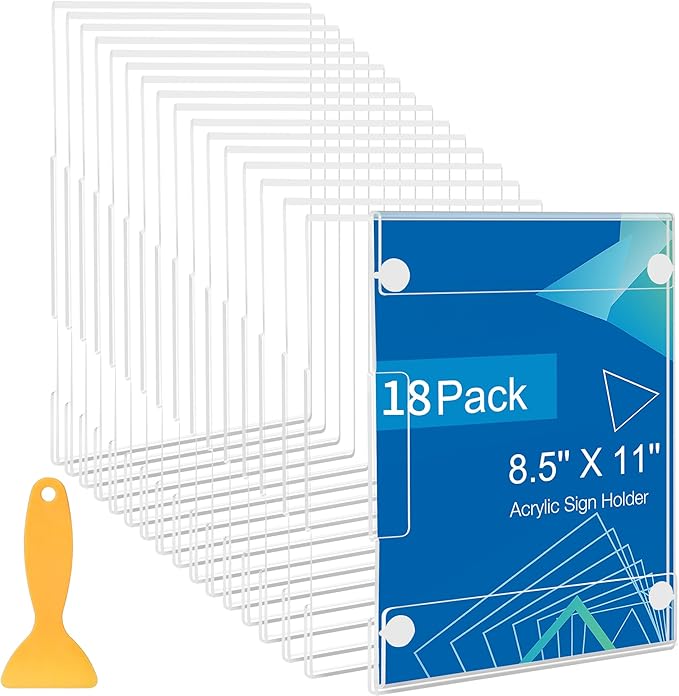 18 Pack Acrylic Sign Holder 8.5 x 11 Wall Mount, Vertical & Horizontal Use, Wall Sign Holder Memo Document Menu Holder for Office Store Restaurants Wedding Party Decoration, No Drilling