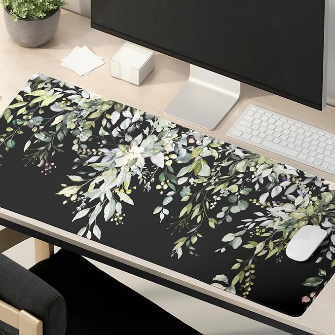 Sage Green Leaves Mouse Pad 31.5x11.8in Floral Black Gaming Mouse Pad Vintage Aesthetic Desk Pad Extended Large Desk Mat Non-Slip Rubber Base Stitched Edge Long Keyboard Mousepad for Computer Laptop
