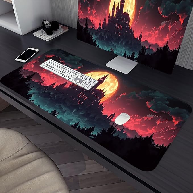 Castle Desk Pad Mouse Pad Red Moon Dark Forest Night Fantasy Mousepad XL Large Gaming Mouse Pad Laptop Keyboard Mat Desk Pad 31.5"x11.8" Office Computer Keyboard Laptop Home