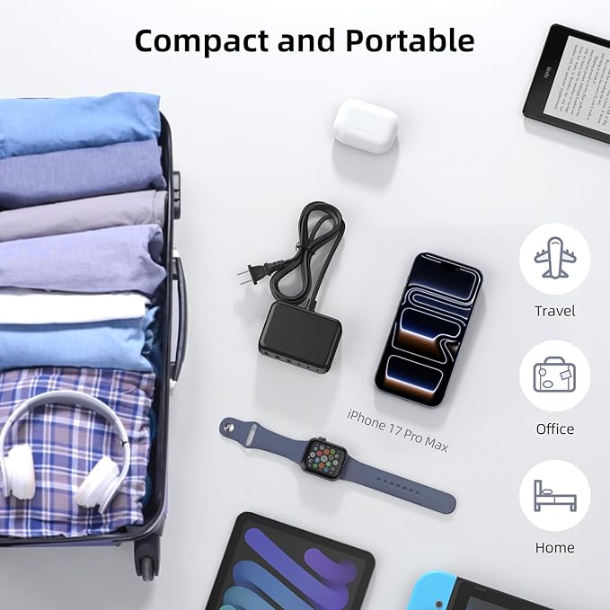 6 in 1 USB Charger, Charging Station for Multiple Devices, 100W Fast Charging Blocks with Type C Ports, USB Charging Hub Organizer Multiport Power Strip for iPhone, Ipad, Kindle, Travel Accessories
