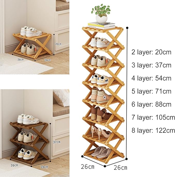 YYW Shoe Rack, Foldable Bamboo Shoes Shelf, Freestanding Shoe Storage Organiser for Entryway, Hallway, Bedroom, Closet (Wood Color, 5 Layers)
