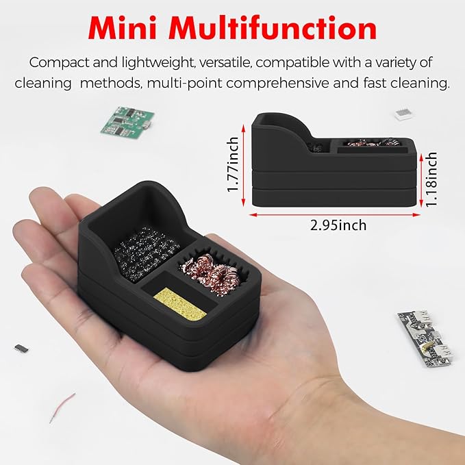 Soldering Iron Tip Cleaner Kit with Brass Wool, Sponge & Steel Brush in Black Silicone Holder – Heat & Scratch Resistant Cleaning Tool for Soldering, Electronics Repair & DIY Projectst