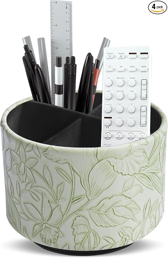 Round Leather Art Supply Organizer,Remote Control Holder,360 Degree Spinning,Multi-Functional Pencil Holder,4 Compartments Desktop Stationary Organizer(1-Carved Green)