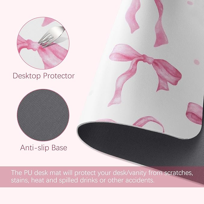 Desk Mat, Pink Bow Mouse Pad Large for Computer Laptop, PU Leather Non-Slip Waterproof Writing Pad Desk Blotter, Cute Girly Desktop Protector Pink Office Desk Accessaries for Women 31.5 x 15.7 Inch