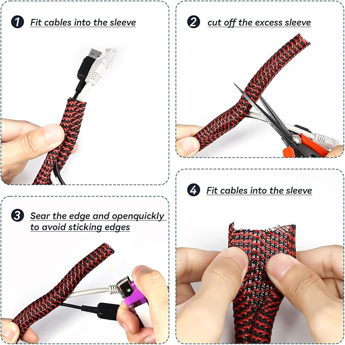 Wire Loom Tubing, 10ft Split Braided Cable Management Sleeve, Flexible Mesh Cord Protector Cable Sleeve for TV Computer (Red and Black, 1/2")