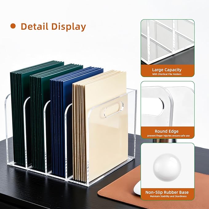 4 Vertical Compartments Clear Acrylic Magazine & File Holder – Multipurpose Desk Organizer for Office, Tablets, Magazines, Books – Documents/Home/Classroom Rack